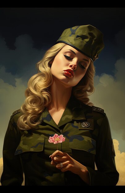 Foto a woman in a military uniform with a flower on her nose