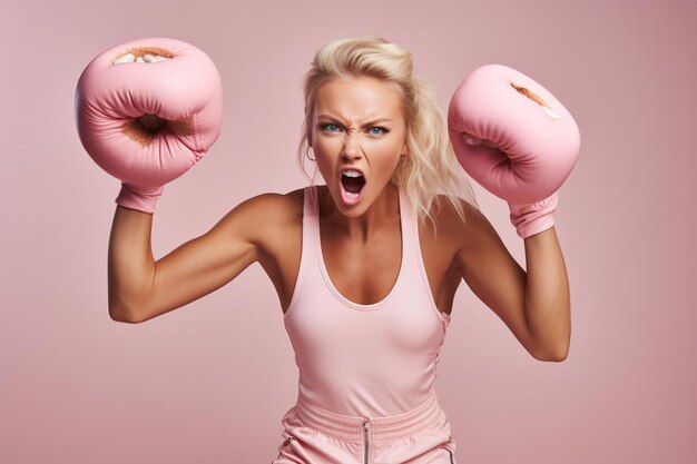 Фото Женщина в розовом боксерском наряде с открытым ртом и открытым ротом