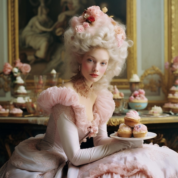 사진 분홍색 드레스를 입은 여자가 접시에 컵케이크를 올려놓고 있다
