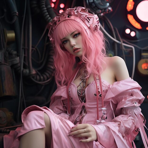 Фото Женщина в розовом парике сидит перед табличкой с надписью 