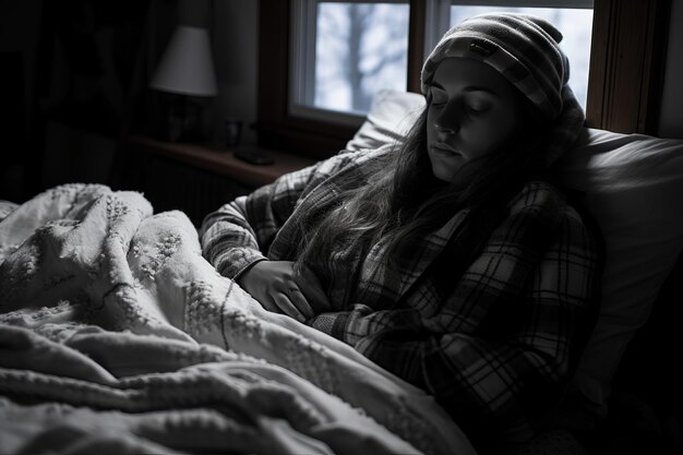 写真 格子縞のシャツと帽子をかぶった女性がベッドに横たわっている