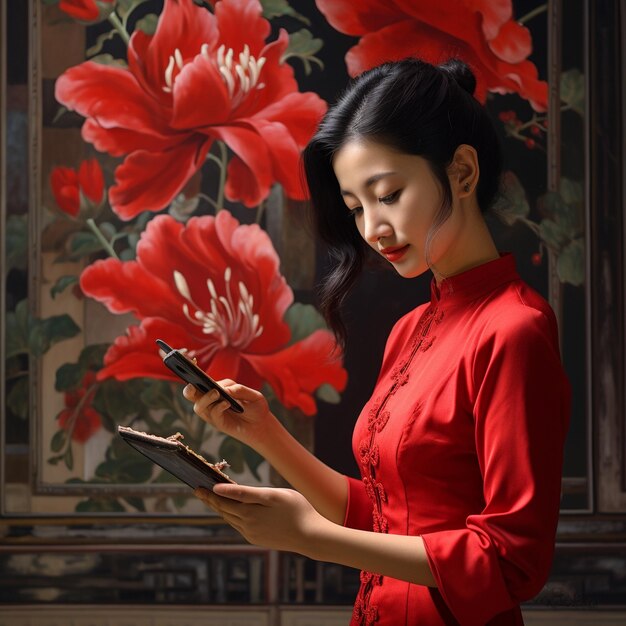 写真 赤いドレスを着た女性が、後ろの壁に赤い花が飾られた電話を見ています。