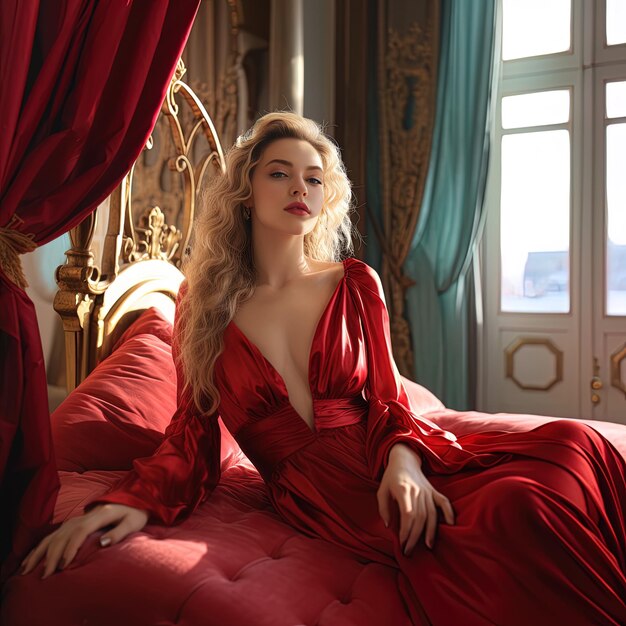 Фото a woman in a red dress is sitting on a bed