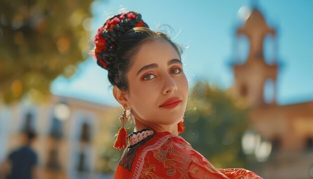 Фото a woman in a red dress with a flowery design on it