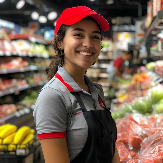 写真 赤い帽子をかぶった女性が食料品店の通路で微笑んでおり背景に農産物が描かれています