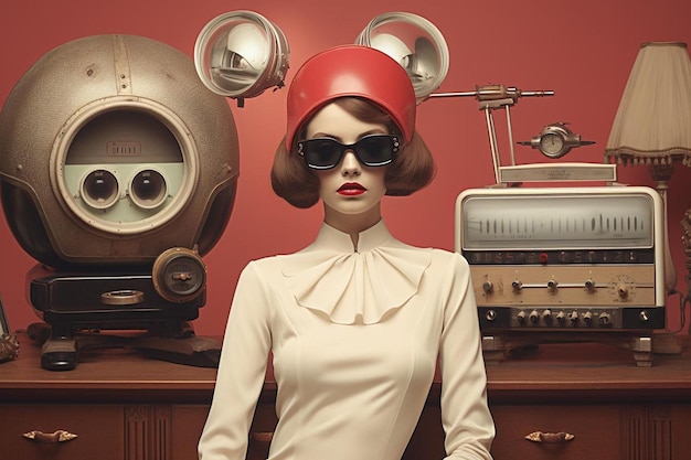 写真 赤い帽子をかぶった女性がビンテージのラジオの前に立っています。