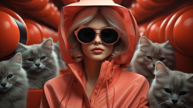 Фото Женщина в красной куртке и солнцезащитных очках в окружении кошек концепция кошачьей мафии