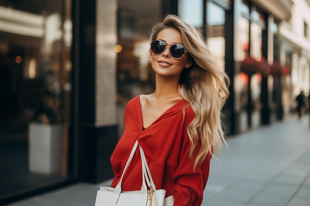 Фото Женщина в красном топе и солнцезащитных очках идет по улице