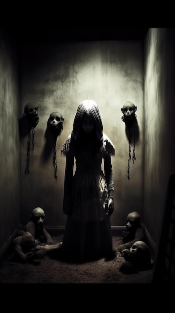 Фото Женщина в страшном платье стоит в комнате с черепами на стене