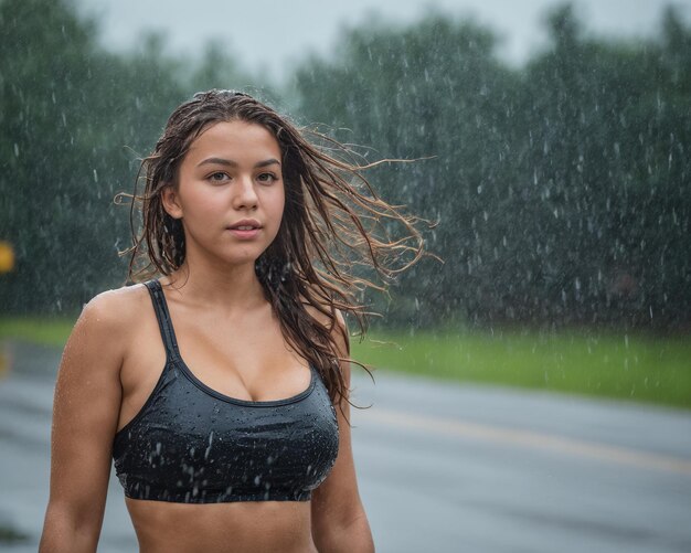 写真 雨の中佇むスポーツブラトップの女性