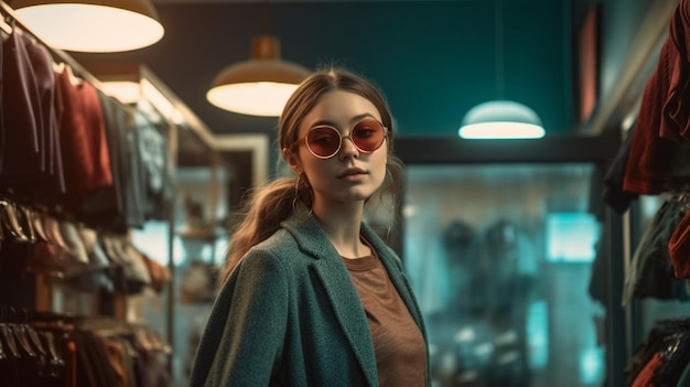 Фото Женщина в магазине в синем пальто и красных солнцезащитных очках стоит перед витриной магазина со стеклянной полкой, на которой написано: «я люблю тебя».