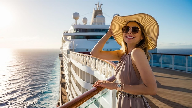 Фото Женщина в соломенной шляпе позирует на круизном корабле.