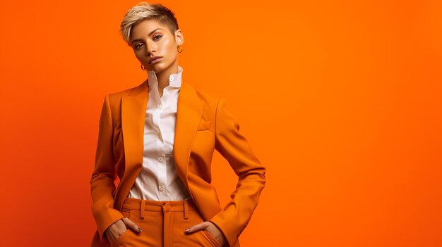 Фото Женщина в стильном оранжевом костюме уверенно стоит на оранжевым фоне смелый яркий стиль гендерной жидкости