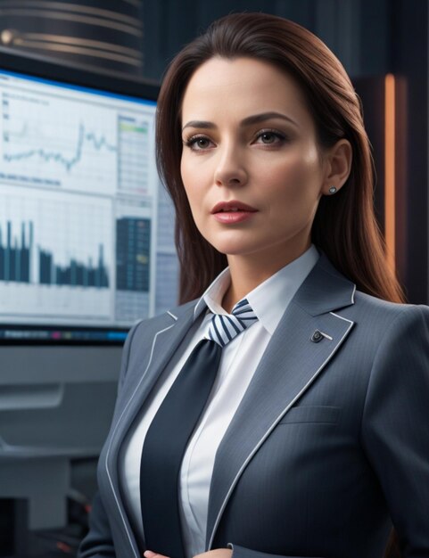 Фото Женщина в костюме и галстуке, за ее спиной лежит биржевая диаграмма.