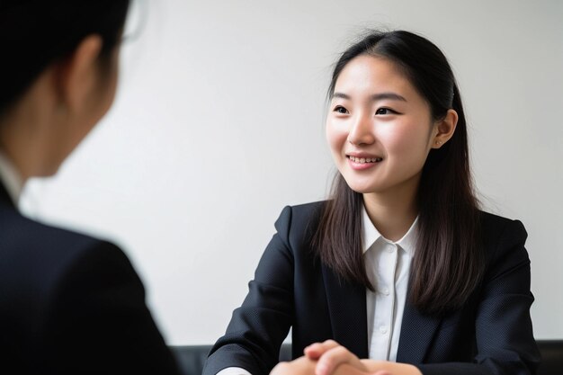 写真 会議で女性に話しかけるスーツ姿の女性。