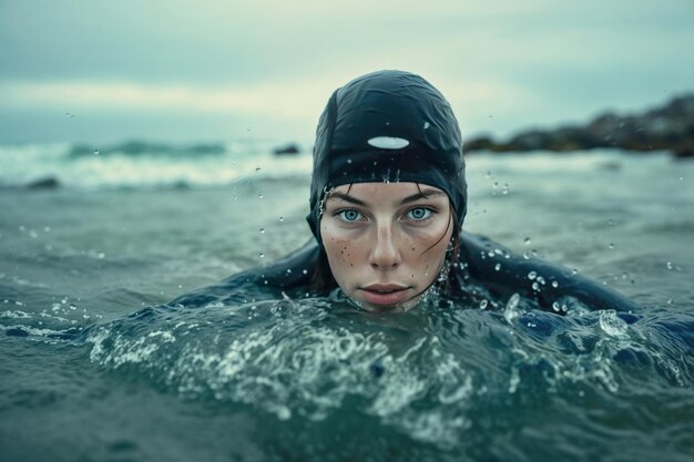 写真 泳ぎ帽子をかぶった女性が水の中で泳いでいます