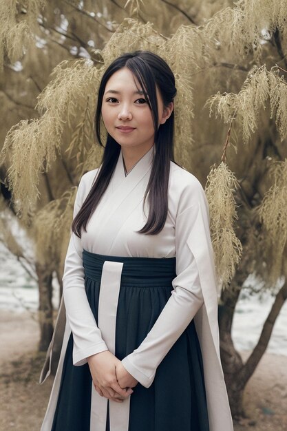 Фото Женщина в традиционном корейском платье стоит перед деревом.