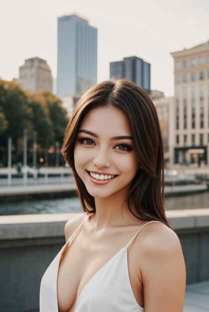 写真 白いドレスを着た女性が背景に建物がある都市風景の前で写真にポーズをとっています