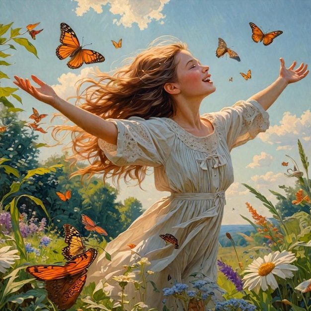 사진 드레스 를 입은 여자 와 나비 들 이 그녀 를 둘러싸고 날아다니고 있다