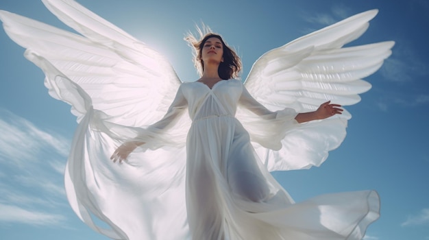 写真 翼に太陽が輝いている白いドレスを着た女性