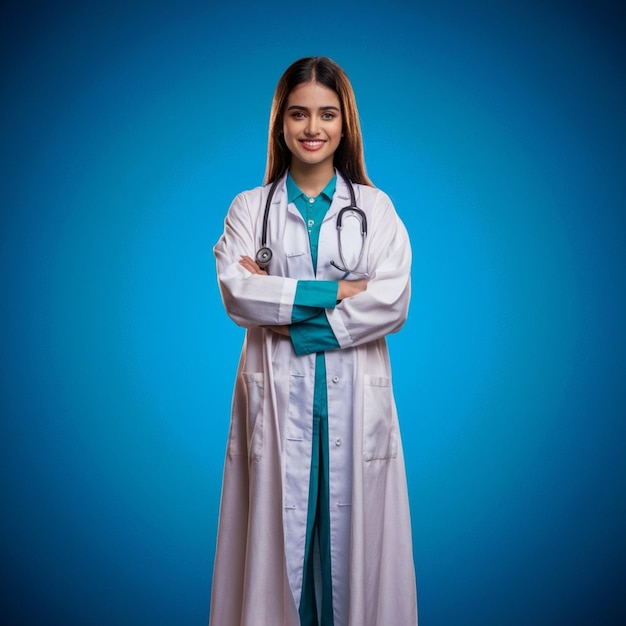 사진 색 실험실 코트 를 입은 여자 가 파란색 배경 앞 에 서 있다