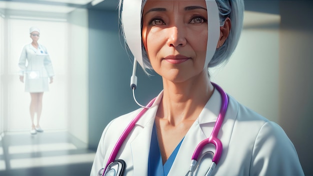 사진 흰 가운을 입고 청진기를 목에 걸고 있는 여자가 병실 앞에 서 있다.