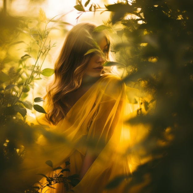 Фото Женщина в желтом платье в лесу