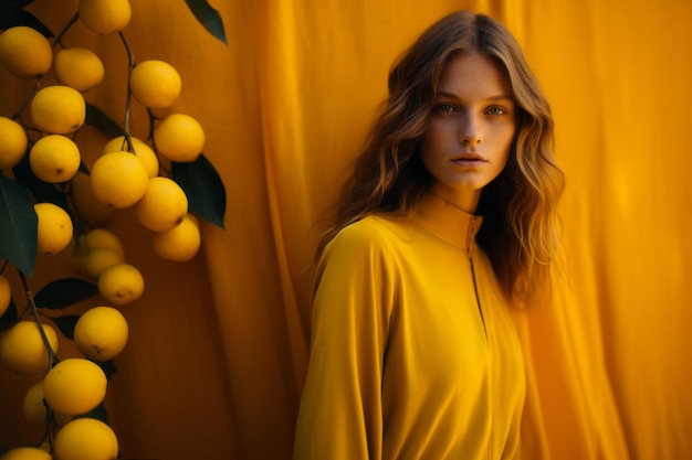 Фото Женщина в желтом платье стоит рядом с кучей лимонов