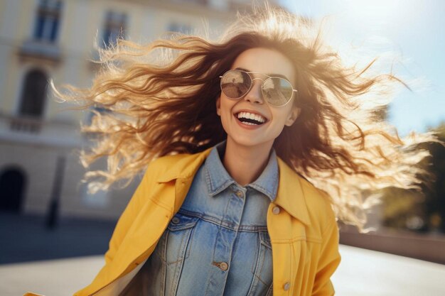 Фото Женщина в желтом пиджаке смеется и смеется с волосами, дующими на ветру.