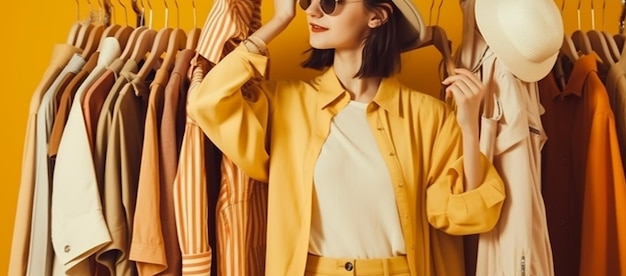 Фото Женщина в желтой рубашке стоит перед вешалкой и носит желтую рубашку.