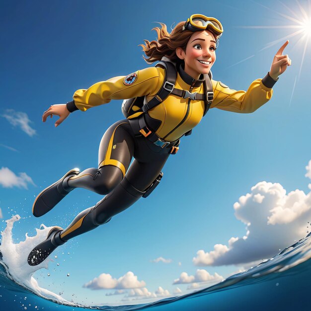 写真 黄色いウェットスーツを着た女性が海にダイビングしている
