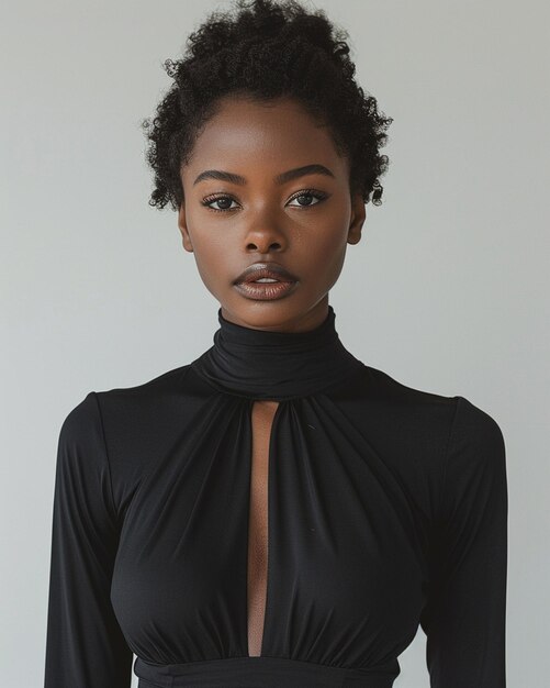 Фото a woman in sleek black dress posing against background