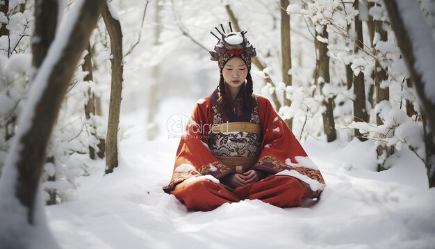 Фото Женщина в традиционной одежде сидит в снегу китайский традиционный костюм