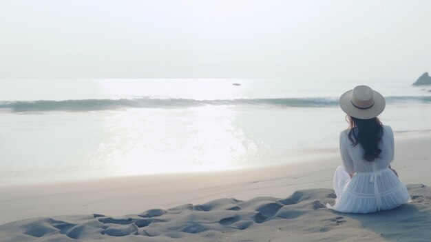 사진 바다 전망 모자 에  ⁇ 색 을 입은 여자 가 해변 에 앉아 있다