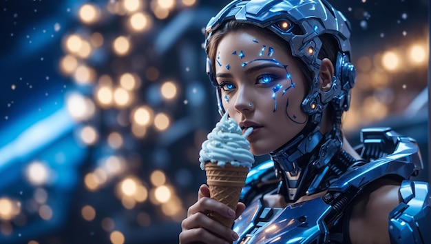 사진 한 여성은 별빛 하늘을 배경으로 아이스크림을 먹는 사이보그입니다.