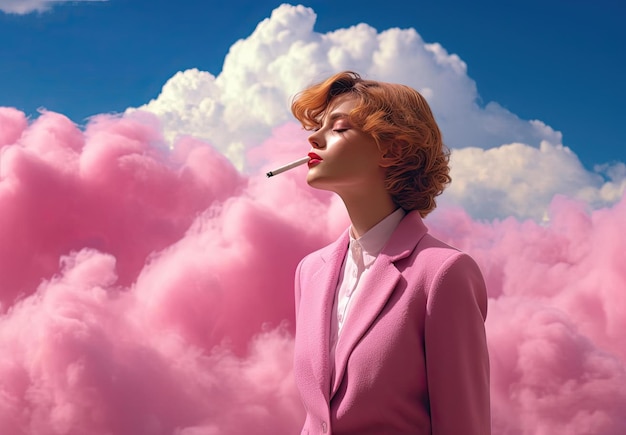 사진 여자는 분홍색 옷을 입고 디지털 조작 스타일로 하늘에서 담배를 피운다