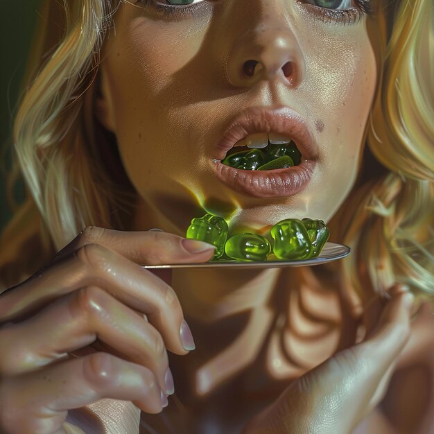 写真 女性がスプーンで緑の野菜を食べている