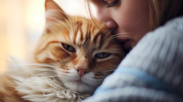 写真 女性が猫を見ながら猫を抱きしめている