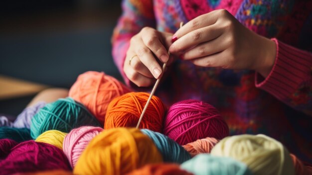 写真 女性が糸の糸で編み物をしています