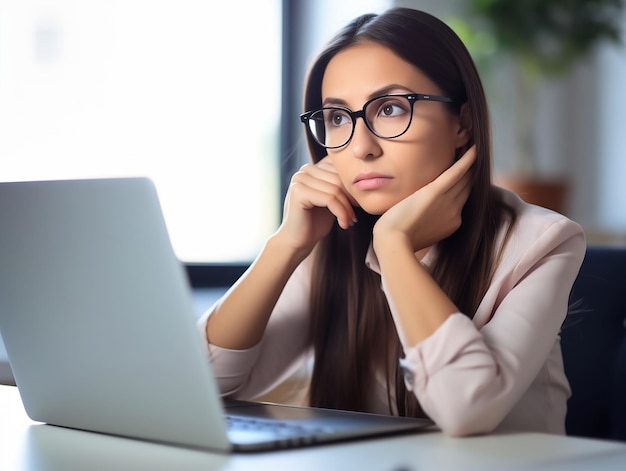 写真 女性がラップトップを見て、画面を見ています。