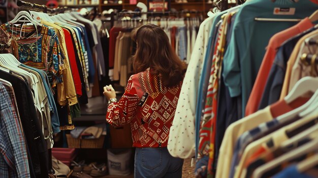 写真 女性がヴィンテージ服の店で服のラックを見ています彼女は赤と白のパターン付きのブラウスとブルージーンズを着ています