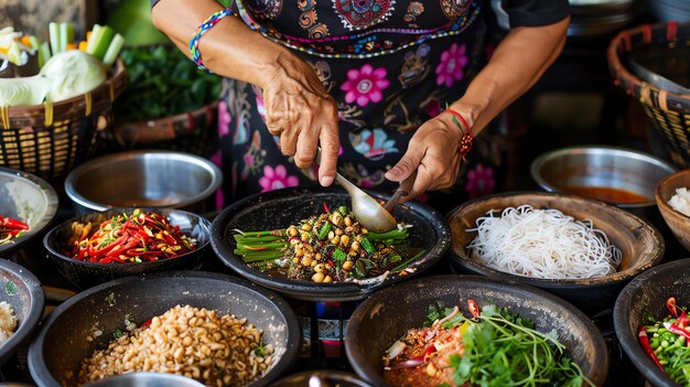 写真 大きな鉢で伝統的な食事を準備している女性さまざまな材料で作られた料理に最後のタッチを加えています