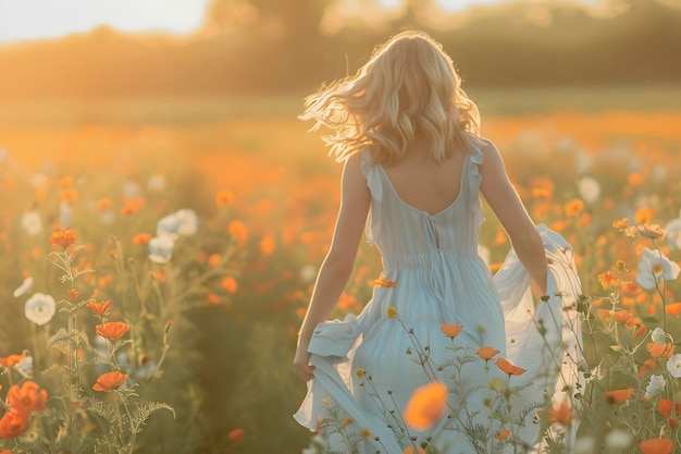 写真 女性が花の畑を走っています