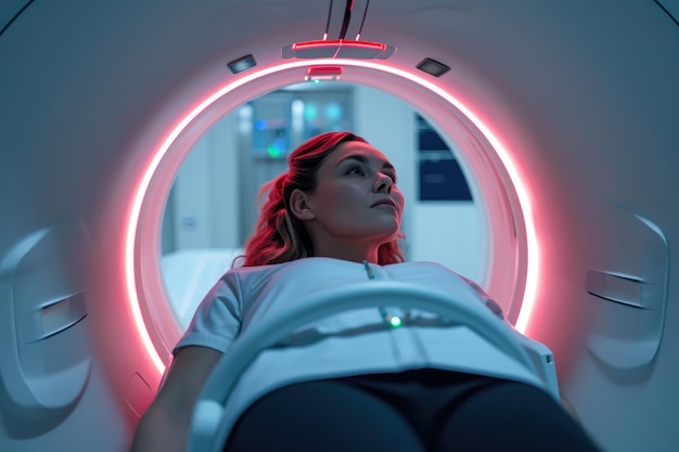 Фото Женщина лежит в медицинской комнате под наблюдением женщина сканируется полным медицинским сканером ии
