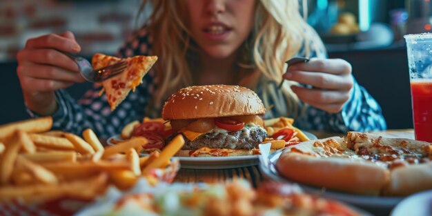 写真 食事の皿を持ってテーブルに座っている女性が見えますこの画像は食事の食事や食事に関連したトピックを示すために使用できます