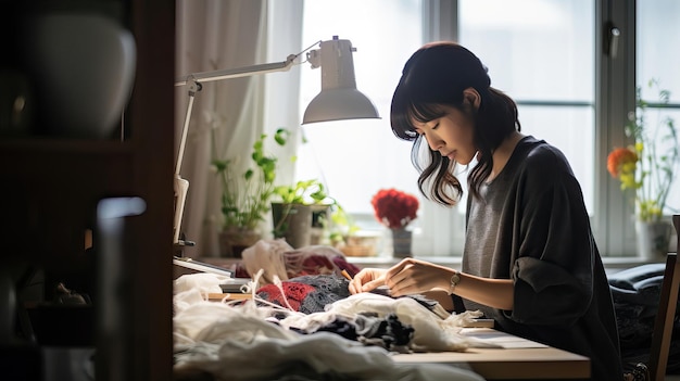 写真 女性がミシンで縫っている