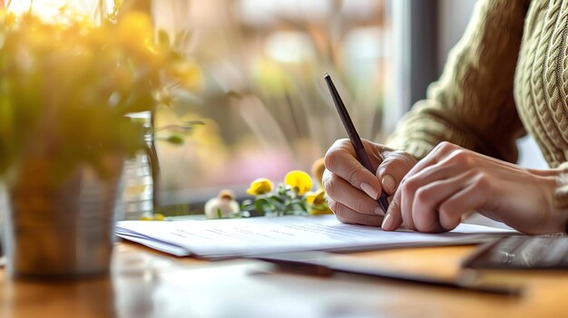 写真 女性が机に座って文書に署名しています彼女は手にペンを持ちもう一方の手で文書を握っています