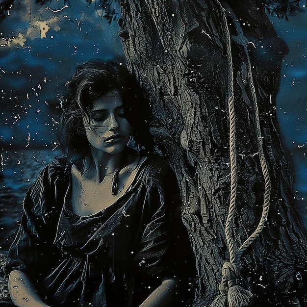 Фото Женщина сидит рядом с деревом с веревкой на шее