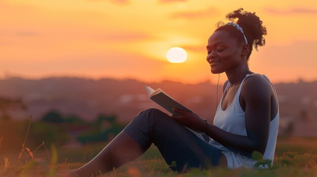 写真 女性が草の上に座って本を読んでいる