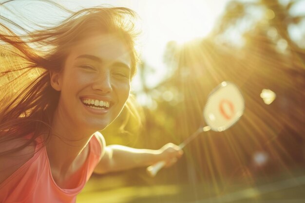 写真 女性が笑顔でバドミントンラケットを握っている